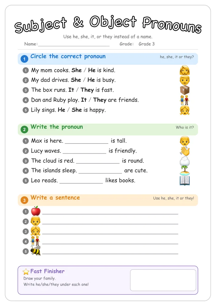 Subject & Object Pronouns grammar worksheet for Grade 3