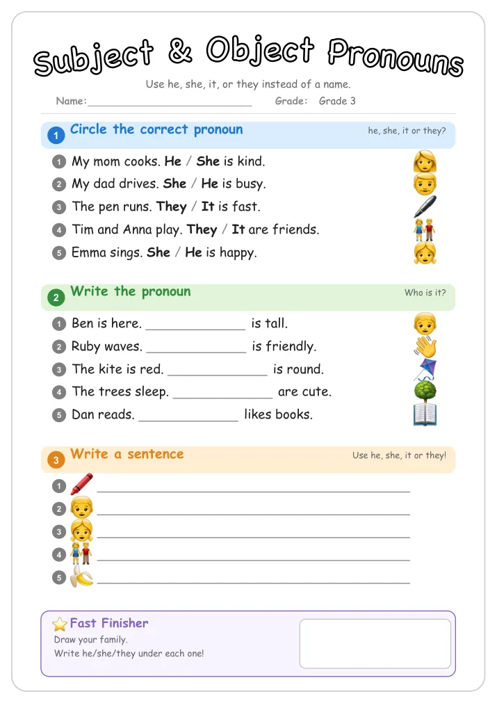 Subject & Object Pronouns grammar worksheet for Grade 3
