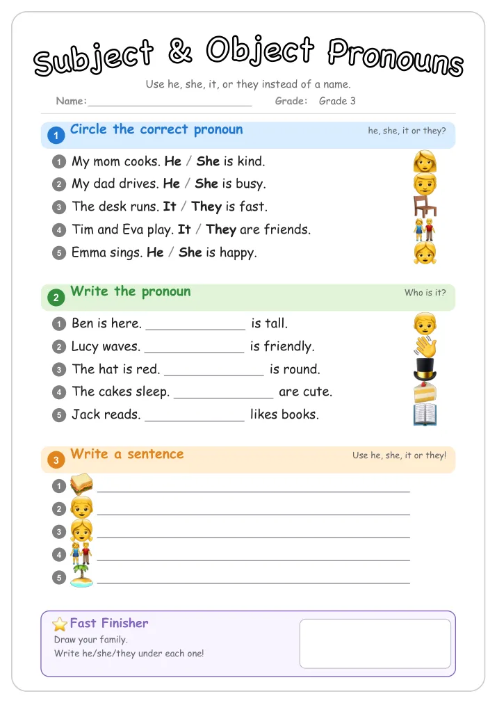 Subject & Object Pronouns grammar worksheet for Grade 3