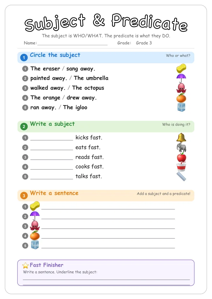Subject & Predicate grammar worksheet for Grade 3