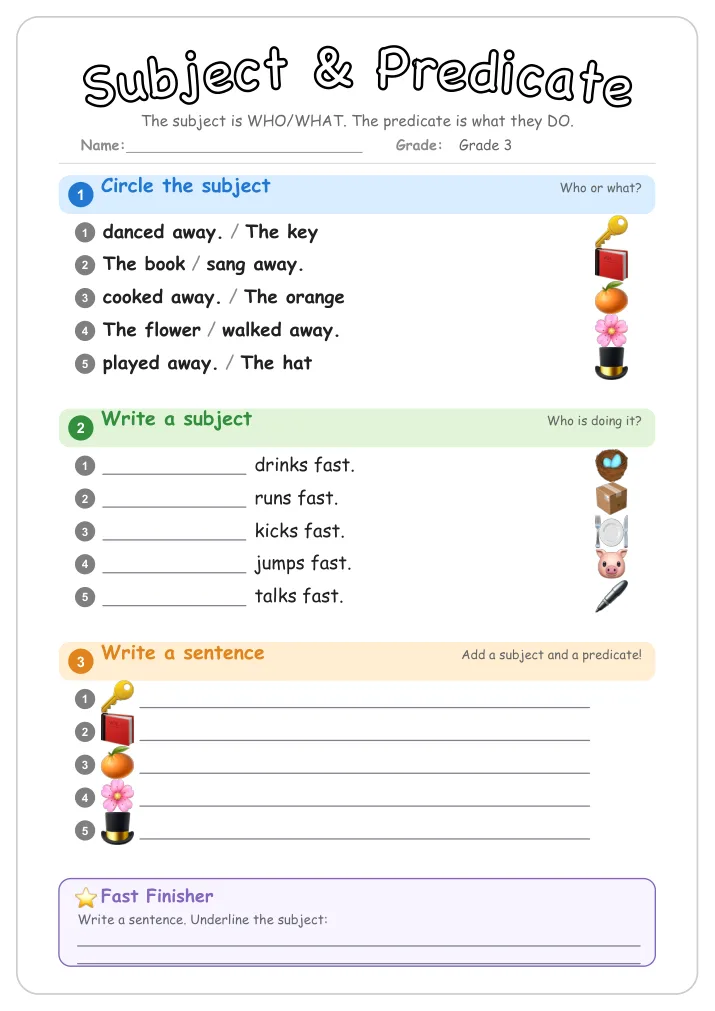 Subject & Predicate grammar worksheet for Grade 3