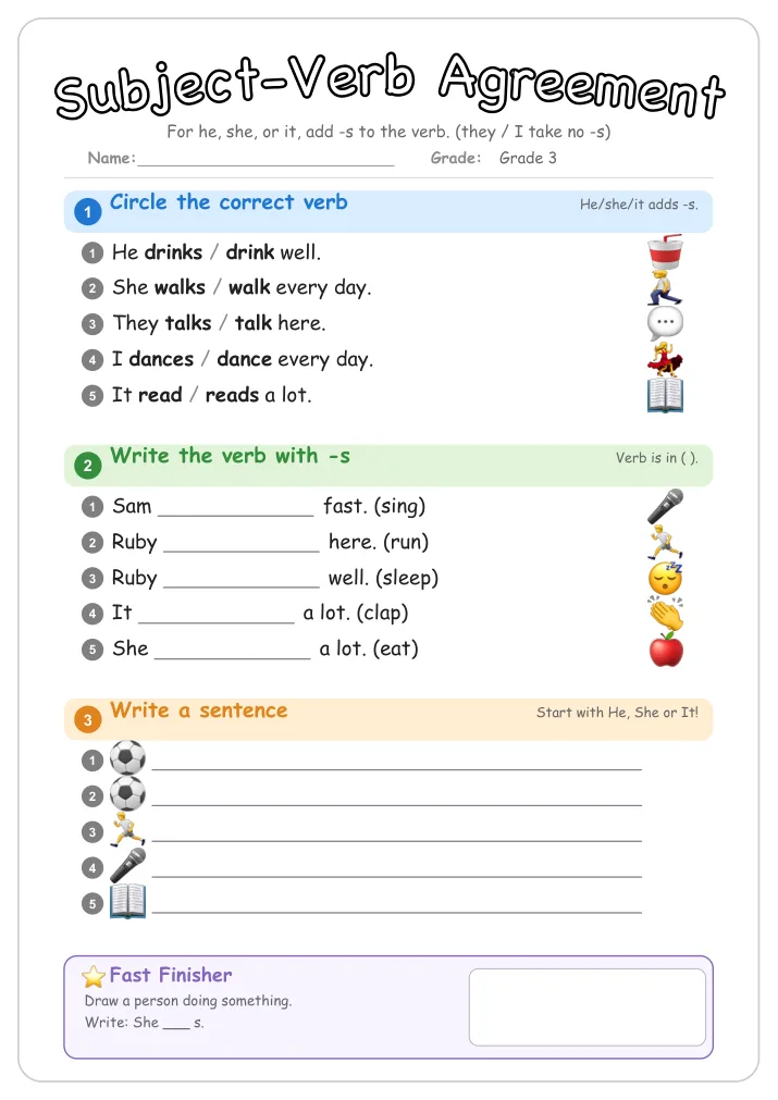 Subject-Verb Agreement grammar worksheet for Grade 3