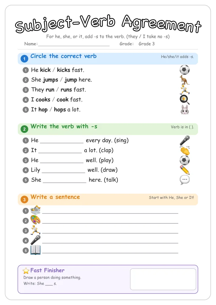 Subject-Verb Agreement grammar worksheet for Grade 3