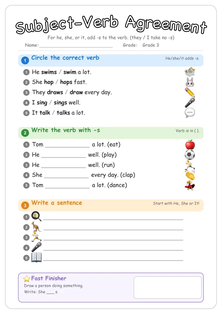 Subject-Verb Agreement grammar worksheet for Grade 3
