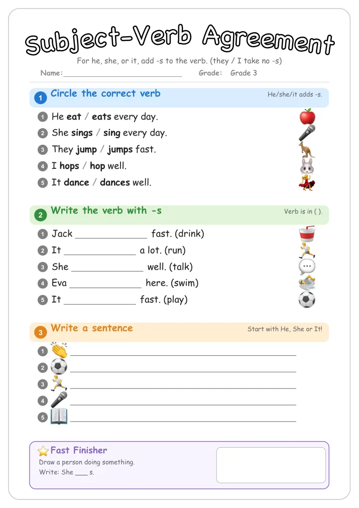 Subject-Verb Agreement grammar worksheet for Grade 3