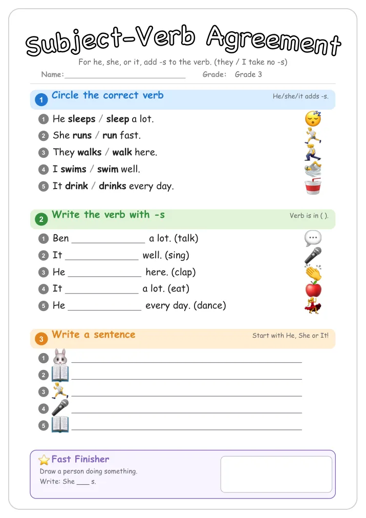 Subject-Verb Agreement grammar worksheet for Grade 3