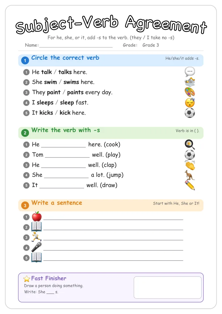 Subject-Verb Agreement grammar worksheet for Grade 3