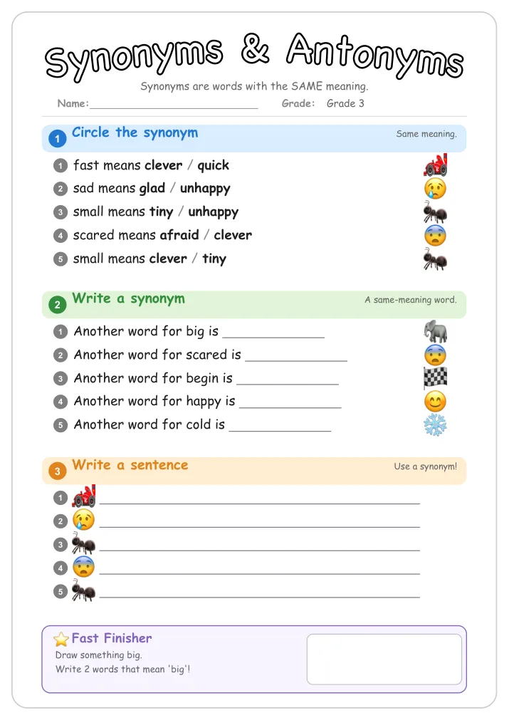 Synonyms & Antonyms grammar worksheet for Grade 3