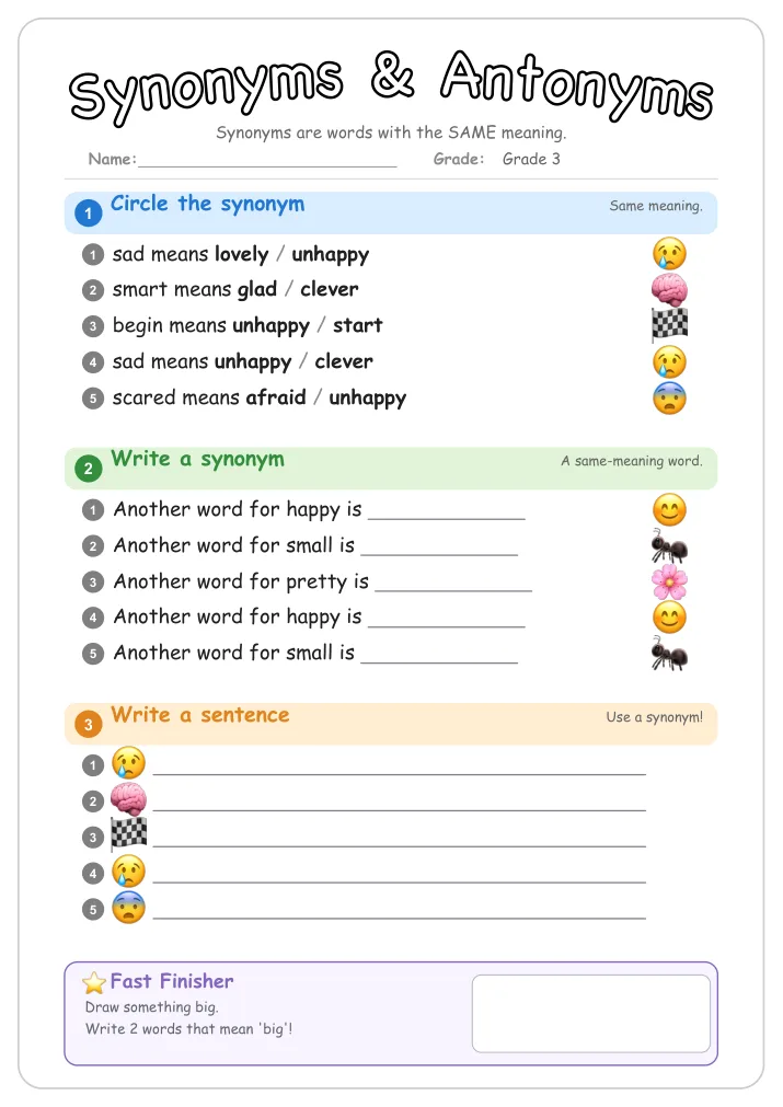 Synonyms & Antonyms grammar worksheet for Grade 3
