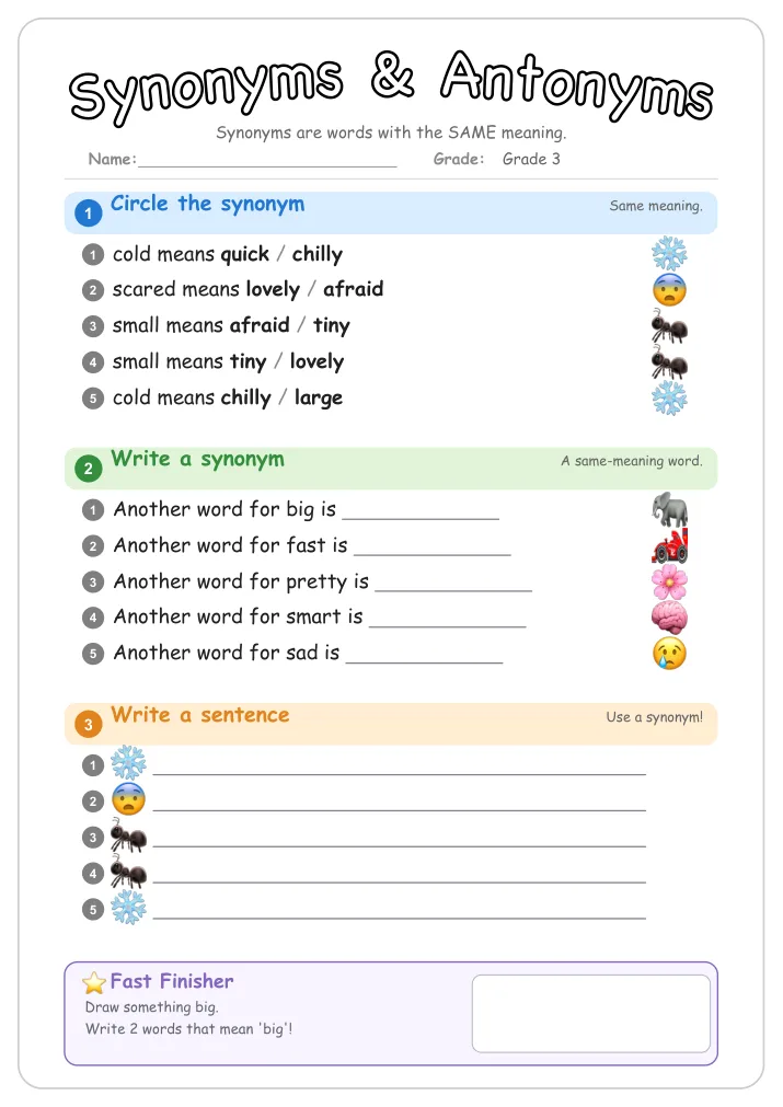 Synonyms & Antonyms grammar worksheet for Grade 3