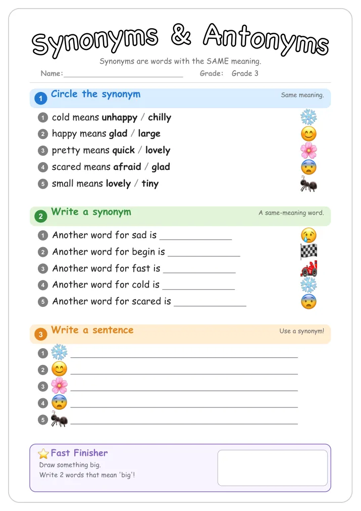 Synonyms & Antonyms grammar worksheet for Grade 3