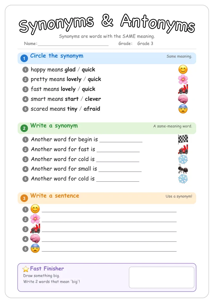 Synonyms & Antonyms grammar worksheet for Grade 3