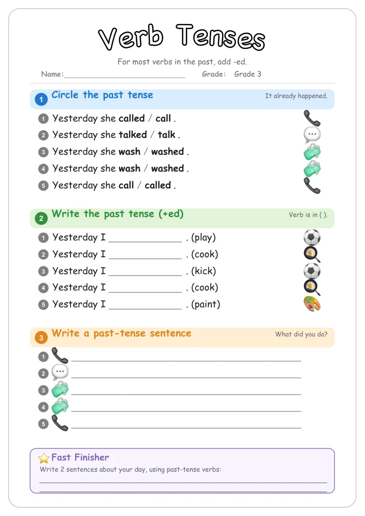 Verb Tenses grammar worksheet for Grade 3