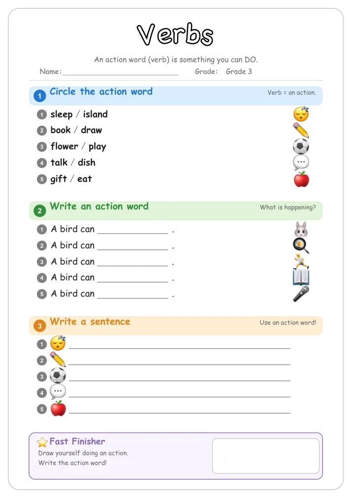 Verbs grammar worksheet for Grade 3