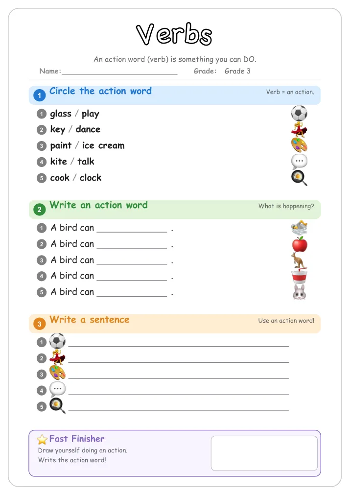 Verbs grammar worksheet for Grade 3
