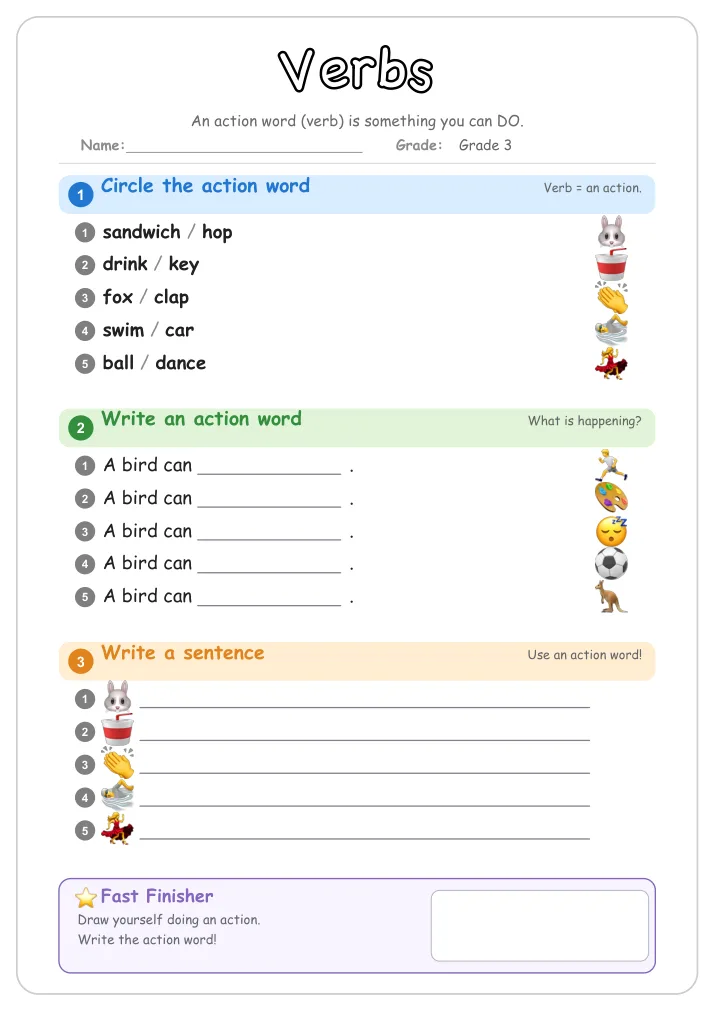 Verbs grammar worksheet for Grade 3