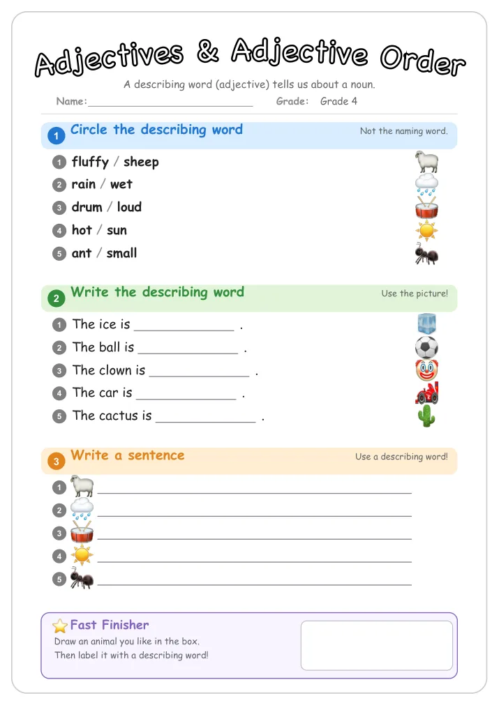 Adjectives & Adjective Order grammar worksheet for Grade 4
