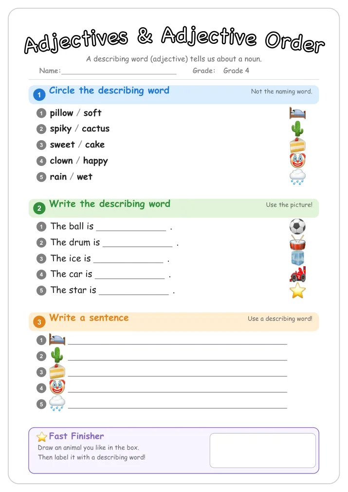 Adjectives & Adjective Order grammar worksheet for Grade 4