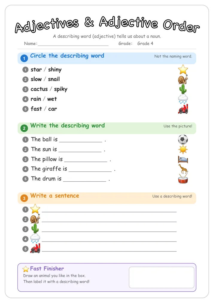 Adjectives & Adjective Order grammar worksheet for Grade 4