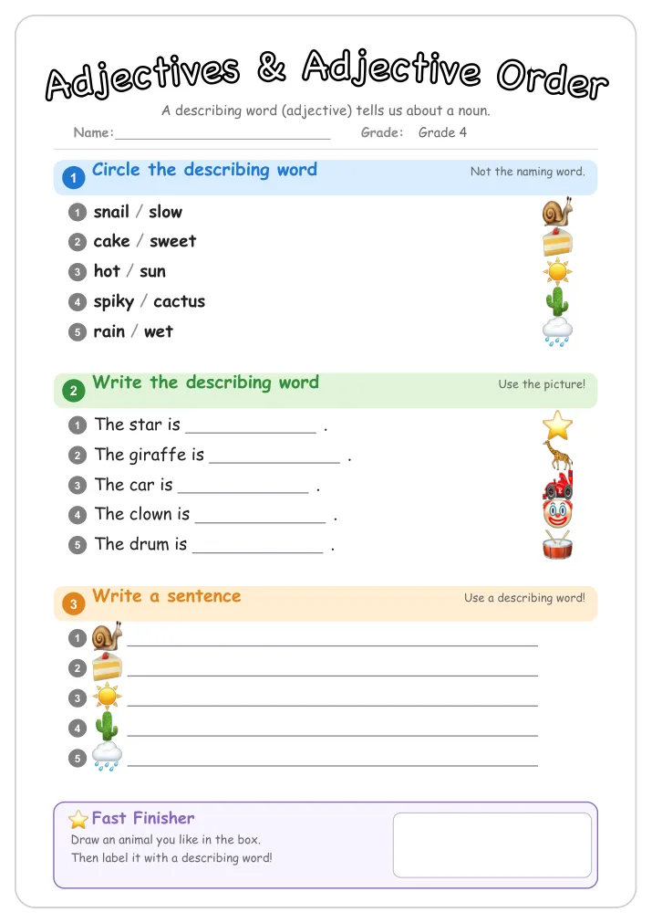 Adjectives & Adjective Order grammar worksheet for Grade 4