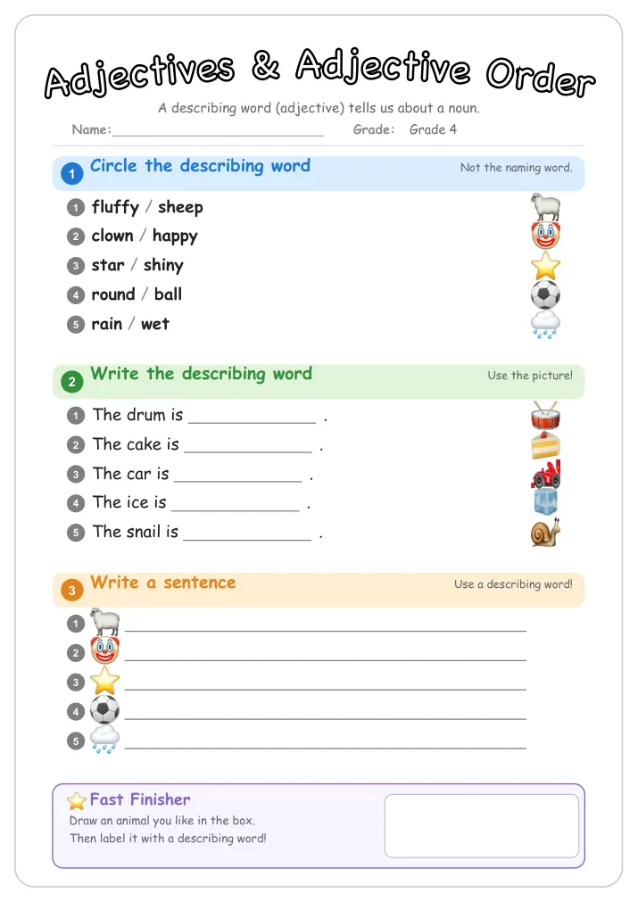 Adjectives & Adjective Order grammar worksheet for Grade 4