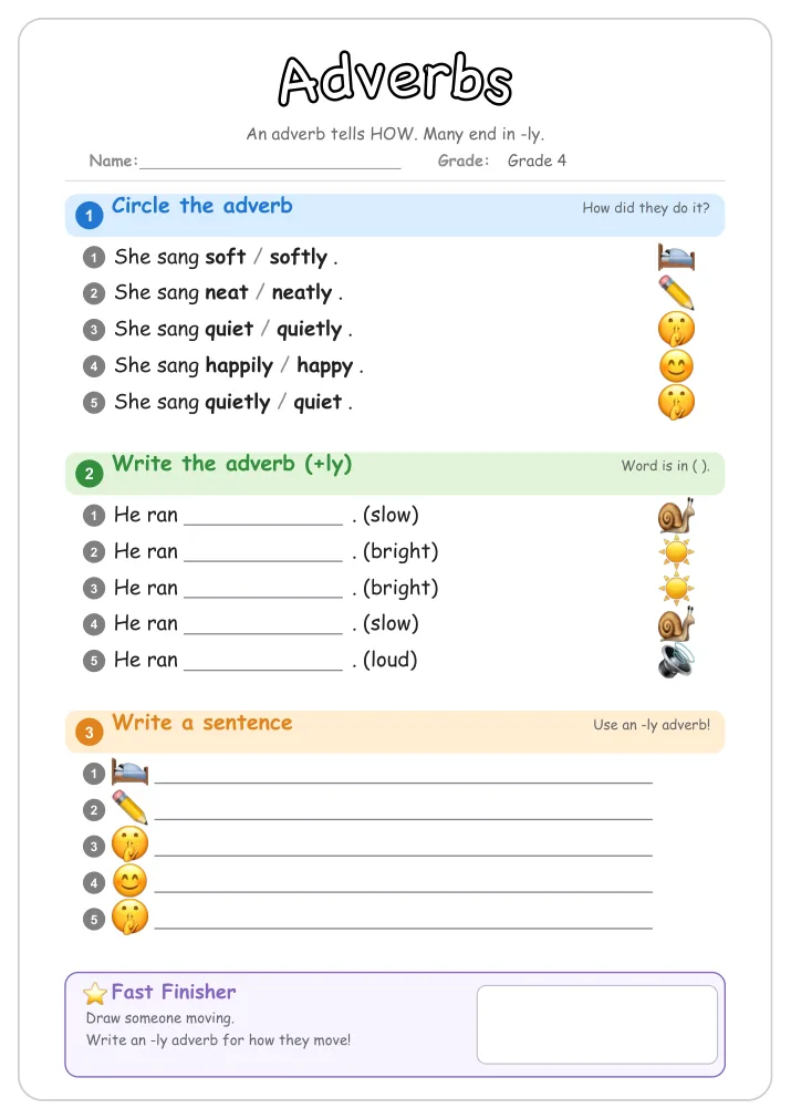 Adverbs grammar worksheet for Grade 4