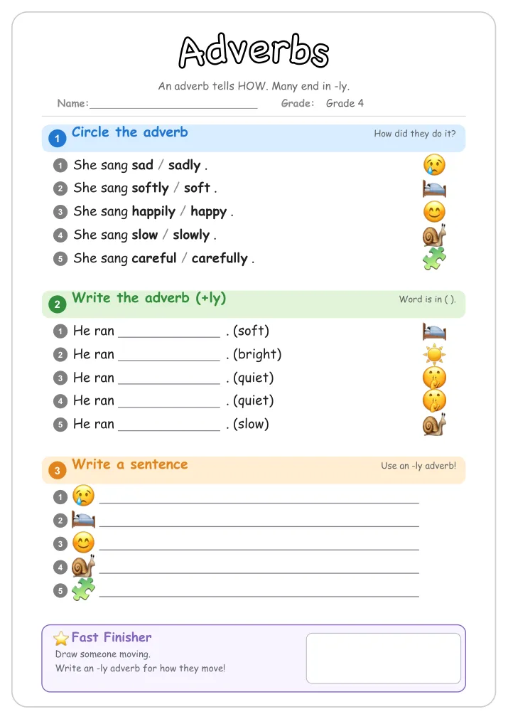 Adverbs grammar worksheet for Grade 4