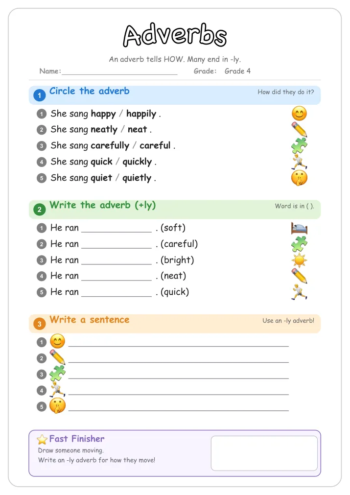 Adverbs grammar worksheet for Grade 4
