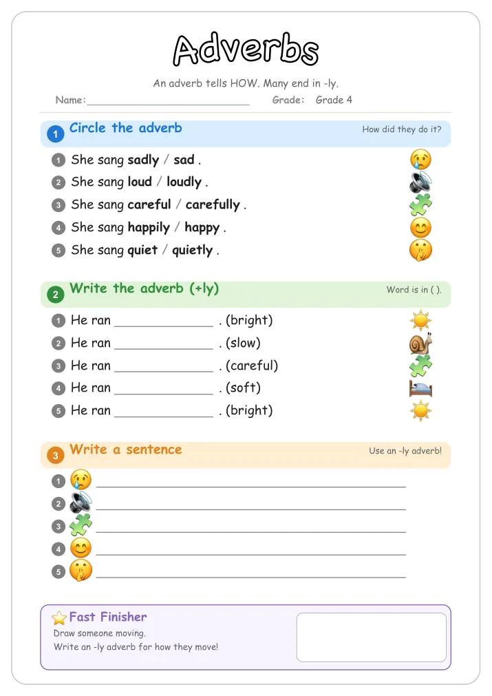 Adverbs grammar worksheet for Grade 4