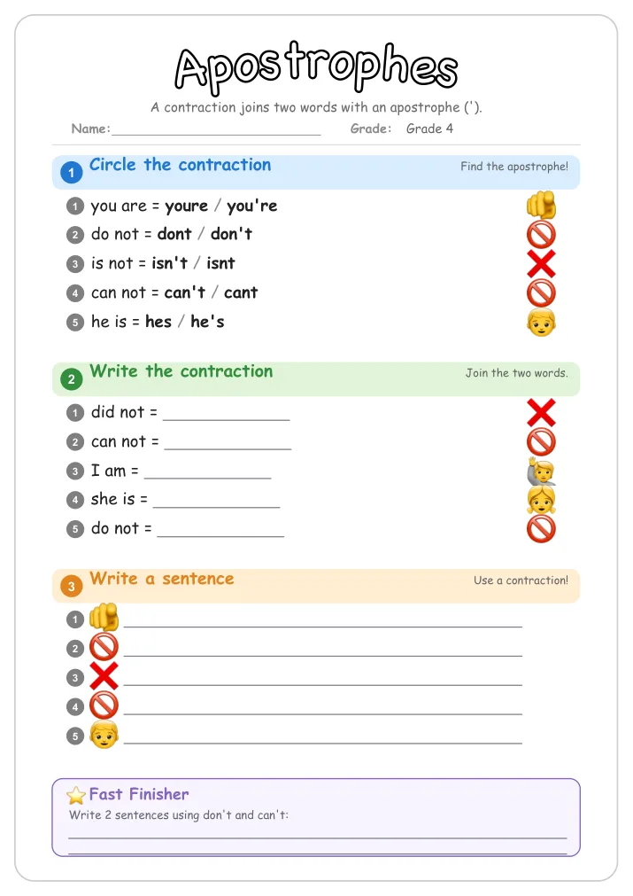 Apostrophes grammar worksheet for Grade 4