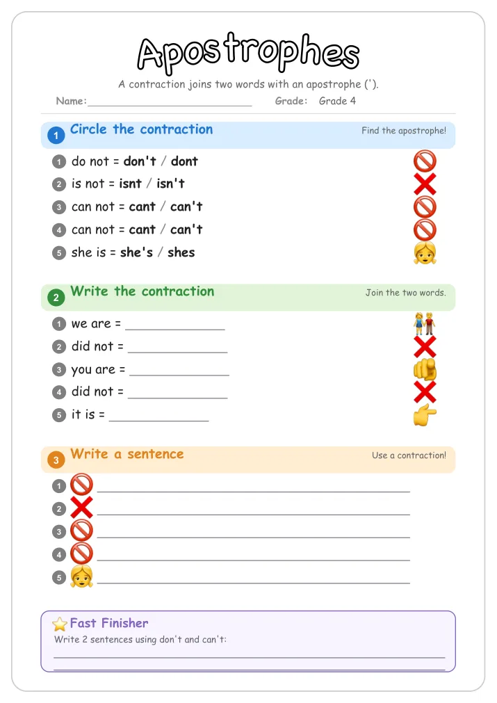 Apostrophes grammar worksheet for Grade 4