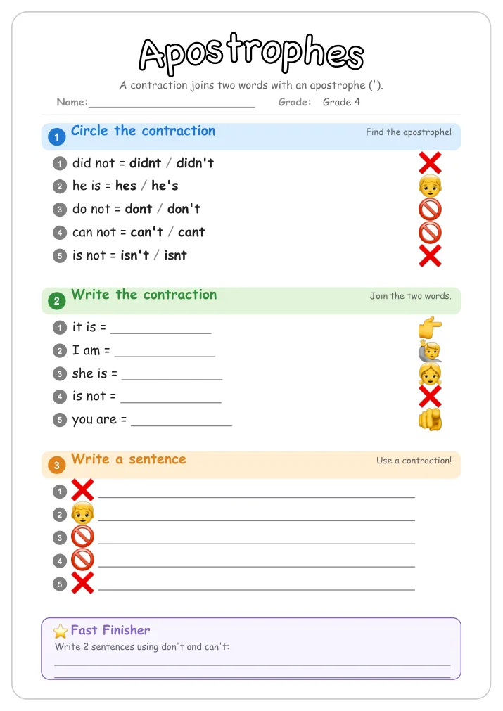Apostrophes grammar worksheet for Grade 4
