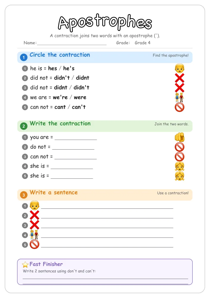 Apostrophes grammar worksheet for Grade 4