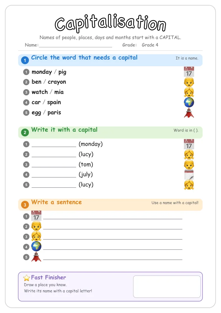 Capitalisation grammar worksheet for Grade 4