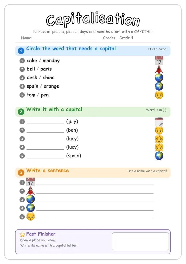 Capitalisation grammar worksheet for Grade 4