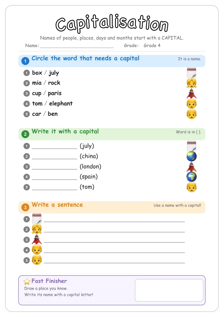 Capitalisation grammar worksheet for Grade 4