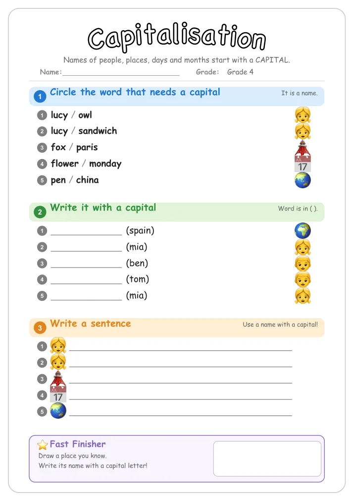 Capitalisation grammar worksheet for Grade 4