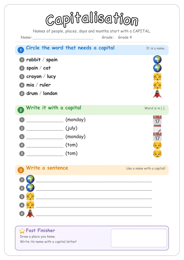 Capitalisation grammar worksheet for Grade 4