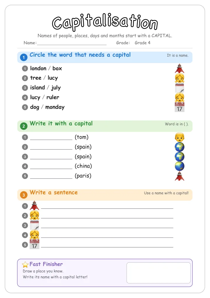 Capitalisation grammar worksheet for Grade 4