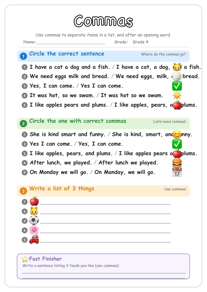 Commas grammar worksheet for Grade 4