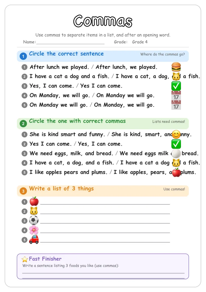 Commas grammar worksheet for Grade 4