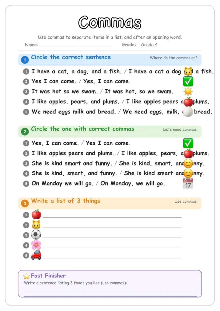 Commas grammar worksheet for Grade 4