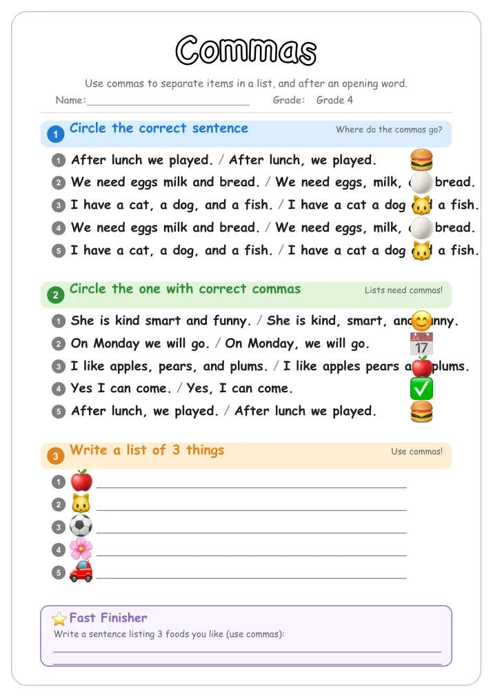 Commas grammar worksheet for Grade 4