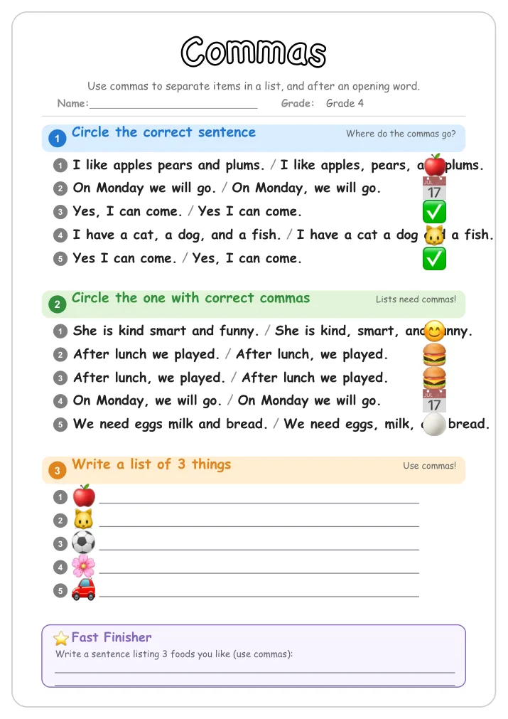 Commas grammar worksheet for Grade 4
