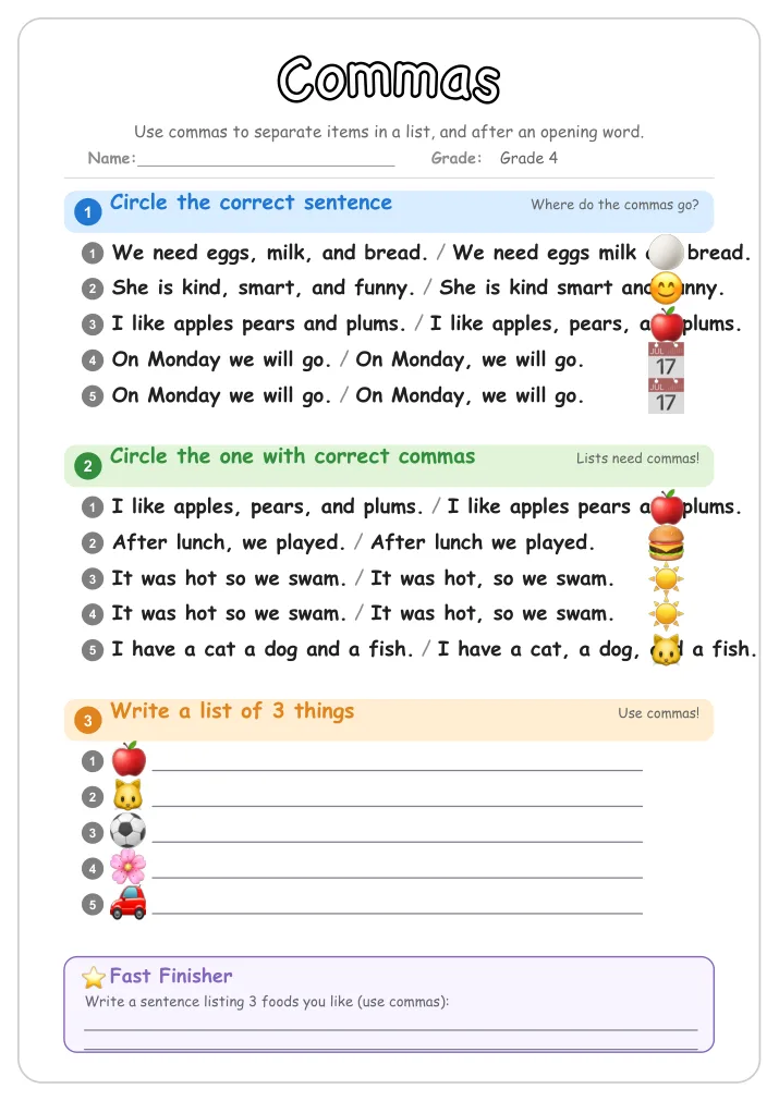 Commas grammar worksheet for Grade 4
