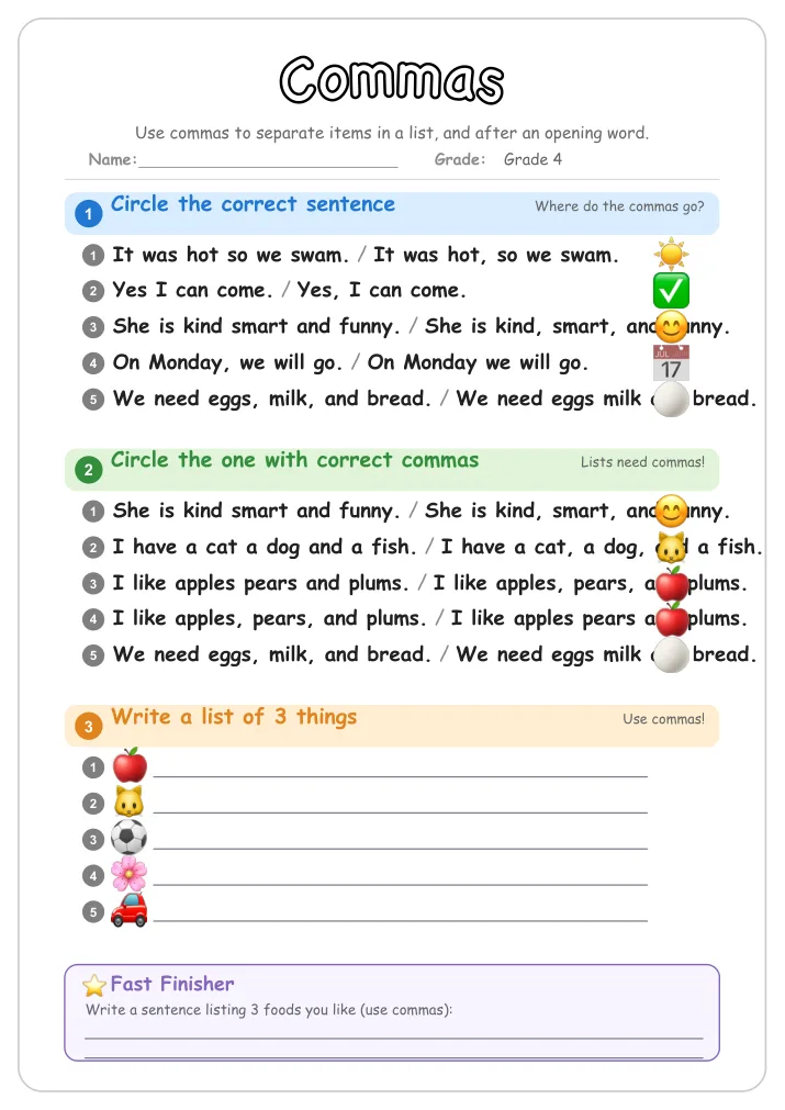 Commas grammar worksheet for Grade 4