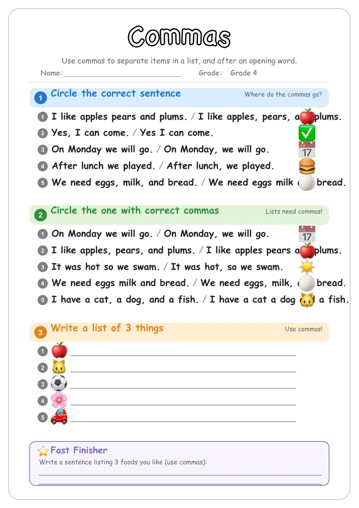 Commas grammar worksheet for Grade 4