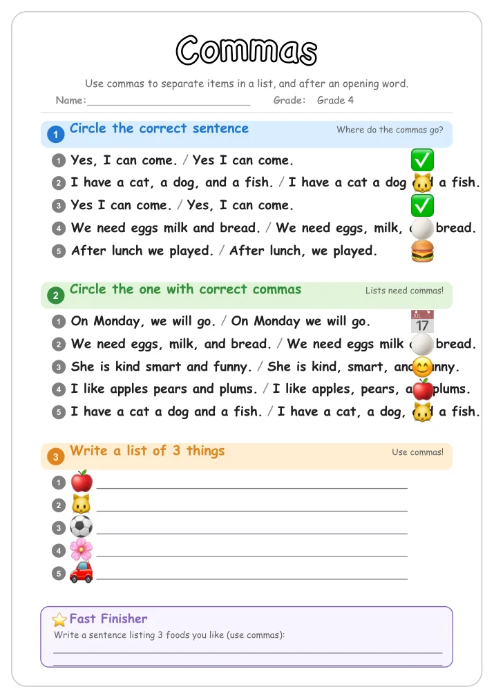 Commas grammar worksheet for Grade 4