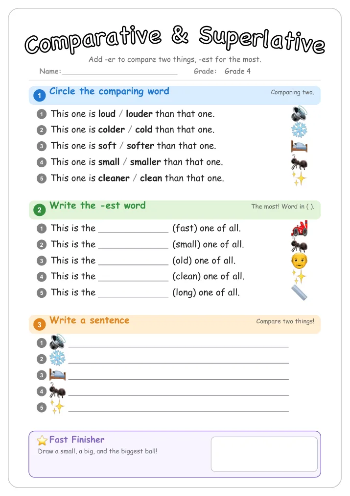 Comparative & Superlative grammar worksheet for Grade 4