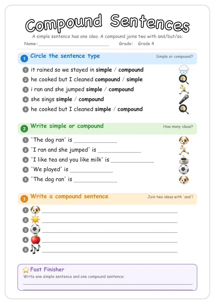 Compound Sentences grammar worksheet for Grade 4